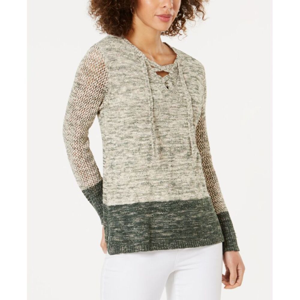 Style & Co Pointelle Sleeve Lace Up Sweater